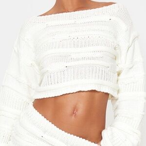 White Knit Off-Shoulder Crop Sweater